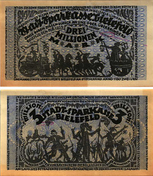 БИЛЕФЕЛЬД 3000000 МАРОК 1923 НОТГЕЛЬД, 11 АВГУСТА 1923, ЗЕМЛЯ СЕВЕРНЫЙ РЕЙН-ВЕСТФАЛИЯ Grabowski 79 (GR 32) бумага UNC (ПРЕСС) 6300-32-3-1