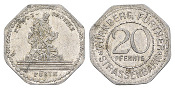 Нюрнберг трамвайный (транспортный) жетон в 20 пфеннигов ND (1920-1921) фонтан Men05 19256.20, Men18 24102.20 алюминий 4637-1146