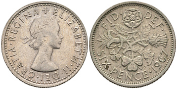 Великобритания 6 пенсов 1967 Елизавета II (1952-2022) KM 903, Spink 4149 медно-никель 75-1546