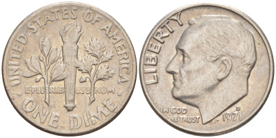 США 10 ЦЕНТОВ = 1 ДАЙМ 1971 РУЗВЕЛЬТ KM 195a медь плакированная медно-никелем 187-1047