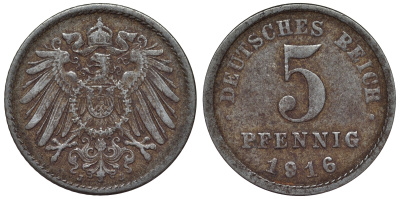 Германия 5 пфеннигов 1916 J KM 19, J. 297, Weege 5 железо 4118-1237