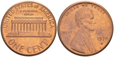 США 1 ЦЕНТ 1974 D, ЛИНКОЛЬН KM 201 медь цинк 3309-252