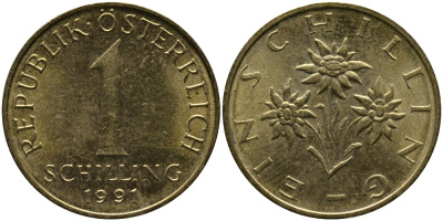 АВСТРИЯ 1 ШИЛЛИНГ 1991 KM 2886 алюминиевая бронза 33-543