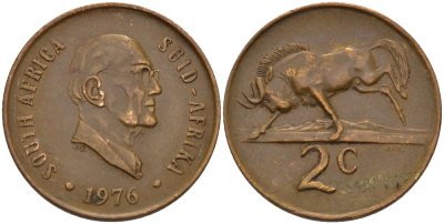 ЮАР 2 ЦЕНТА 1976 ПРЕЗИДЕНТ ЯКОБУС ЙОХАННЕС ФУШЕ, АНТИЛОПА ГНУ KM 92 бронза 67-317