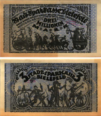 БИЛЕФЕЛЬД 3000000 МАРОК 1923 НОТГЕЛЬД, 11 АВГУСТА 1923, ЗЕМЛЯ СЕВЕРНЫЙ РЕЙН-ВЕСТФАЛИЯ Grabowski 79 (GR 32) бумага UNC (ПРЕСС) 6300-32-3-1