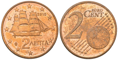 Греция 2 евроцента 2015 KM 182 сталь плакированная медью aUNC 4539-735