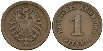 Германия 1 пфенниг 1876 B, Вильгельм I (1871-1888) KM 1, J. 1 медь 4602-1135