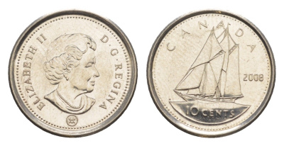 Канада 10 центов 2008 Leaf, Елизавета II (1952-2022), парусник KM 492 сталь плакированная никелем UNC 4636-648