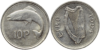 ИРЛАНДИЯ 10 ПЕНСОВ 1994 ЛОСОСЬ KM 29 медно-никель 4397-146