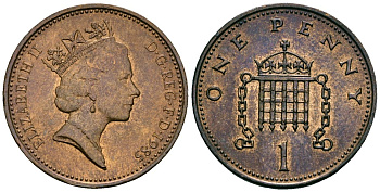 Великобритания 1 пенни 1985 Елизавета II (1952-2022) KM 935, Spink 4381 (B3) бронза 4589-937