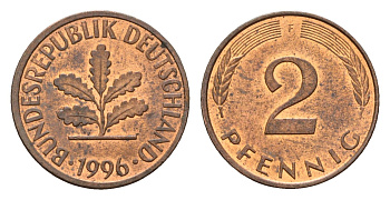 Германия 2 пфеннига 1996 F J.381a, KM 106a сталь плакированная медью 4630-427