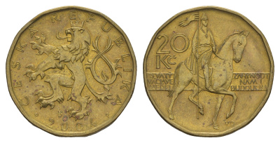 Чехия 20 крон 2004 чешский лев, герцог Вацлав на коне KM 5 сталь плакированная латунью aUNC 4546-1132