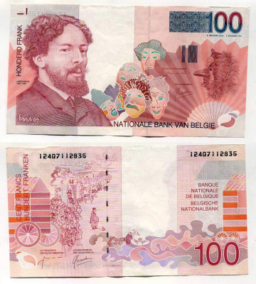 БЕЛЬГИЯ 100 ФРАНКОВ 1995-2001 ХУДОЖНИК ДЖЕЙМС ЭНСОР Pick 147 бумага 6293-20-1