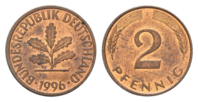 Германия 2 пфеннига 1996 F J.381a, KM 106a сталь плакированная медью 4630-427