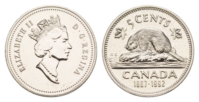 Канада 5 центов 1992 125 лет Конфедерации Канада KM 205 медно-никель PROOF-LIKE (BU) 4639-519