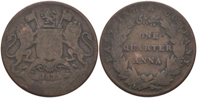 Британская Индия 1/4 анна 1835 Британская Ост-Индская компания диаметр 25,2 мм., мондвор Бомбей KM 446.2 медь 28-537