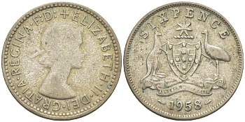 АВСТРАЛИЯ 6 ПЕНСОВ 1958 m, ЕЛИЗАВЕТА II (1953-), ГЕРБ АВСТРАЛИИ, ПРОБА 500, ДИАМЕТР 28,5 ММ. KM 58 серебро 75-1456