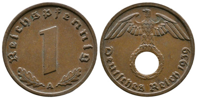 Германия 1 рейхспфенниг 1939 A KM 89, J. 361 бронза    220-336