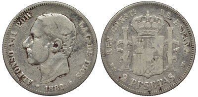 Испания 2 песеты 1882 MS-M, Альфонсо XII (1874-1885) KM 678 серебро 4566-645