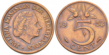 НИДЕРЛАНДЫ 5 ЦЕНТОВ 1952 ЮЛИАНА KM 181 бронза 3718-157
