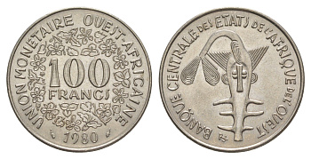 Западная Африка (BCEAO) 100 франков 1980 Центральный банк государств Западной Африки KM 4 никель UNC 4642-332
