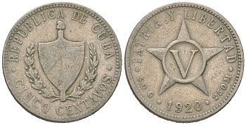 Куба 5 сентаво 1920 звезда, республика (1915-1961) KM 11.1, Y 5, Schoen 5 медно-никель 4615-911