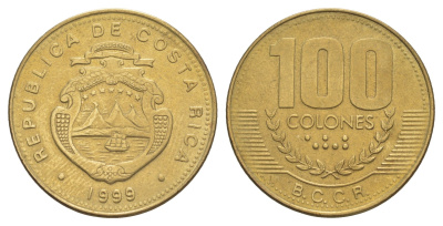 Коста-Рика 100 колонов 1999 KM 230a.1 алюминиевая бронза 4642-944