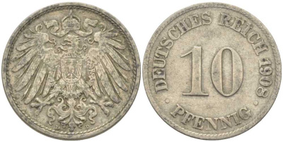 ГЕРМАНИЯ 10 ПФЕННИГОВ 1908 D KM 12, J. 13 медно-никель 210-652