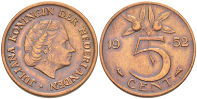 НИДЕРЛАНДЫ 5 ЦЕНТОВ 1952 ЮЛИАНА KM 181 бронза 3718-157
