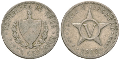 Куба 5 сентаво 1920 звезда, республика (1915-1961) KM 11.1, Y 5, Schoen 5 медно-никель 4615-911