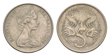 Австралия 5 центов 1980 Елизавета II (1952-2022) молодой портрет, ехидна KM 64 медно-никель 4655-1269