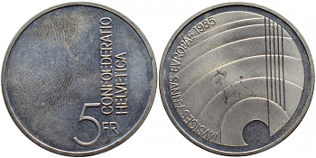 ШВЕЙЦАРИЯ 5 ФРАНКОВ 1985 ЕВРОПЕЙСКИЙ ГОД МУЗЫКИ KM 64 медно-никель UNC 443-242