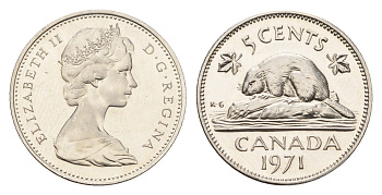 Канада 5 центов 1971 Елизавета II (1952-2022), бобр KM 60.1 никель PROOF-LIKE (BU) 633-813