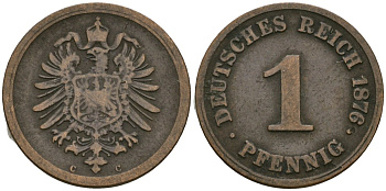 Германия 1 пфенниг 1876 C, Вильгельм I (1871-1888) KM 1, J. 1 медь 4136-1265