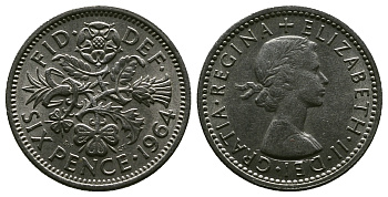 Великобритания 6 пенсов 1964 Елизавета II (1952-2022) KM 903, Spink 4149 медно-никель 4381-816