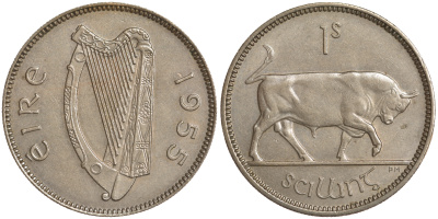 ИРЛАНДИЯ 1 ШИЛЛИНГ 1955 БЫК KM 14a медно-никель 4390-317