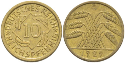 ГЕРМАНИЯ 10 РЕЙХСПФЕННИГОВ 1929 A KM 40, J. 317, Weege 9 алюминиевая бронза 210-356