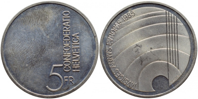 ШВЕЙЦАРИЯ 5 ФРАНКОВ 1985 ЕВРОПЕЙСКИЙ ГОД МУЗЫКИ KM 64 медно-никель UNC 443-242