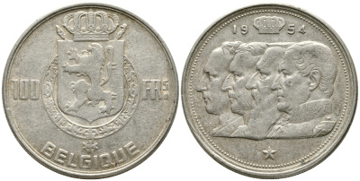 Бельгия 100 франков 1954 Belgique, королевская династия KM 136.1 серебро 1526-1312