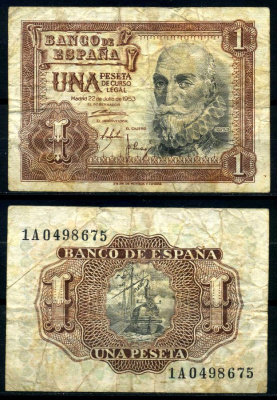 Испания 1 песета 1953 22 июля 1953, Мигель де Санта Круз Pick 144а бумага 7207-38-3-2