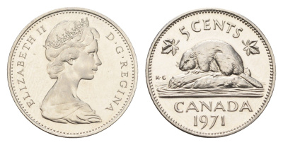 Канада 5 центов 1971 Елизавета II (1952-2022), бобр KM 60.1 никель PROOF-LIKE (BU) 633-813