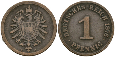 Германия 1 пфенниг 1876 C, Вильгельм I (1871-1888) KM 1, J. 1 медь 4136-1265