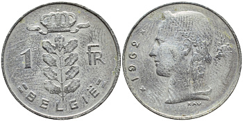 БЕЛЬГИЯ 1 ФРАНК 1962 BELGIE KM 143.1 медно-никель 4388-623