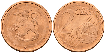 Финляндия 2 евроцента 1999  KM 99 сталь плакированная медью  UNC  4160-323