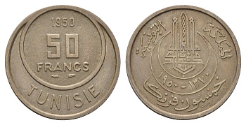 Тунис 50 франков 1950 KM 275 медно-никель 4671-255