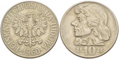 ПОЛЬША 10 ЗЛОТЫХ 1960 КОСТЮШКО KM 50 медно-никель 4403-536