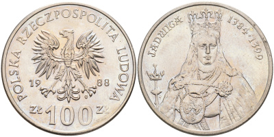 Польша 100 злотых 1988 MW, серия Польские правители, королева Ядвига (1384-1399) KM 183 медно-никель 63-914