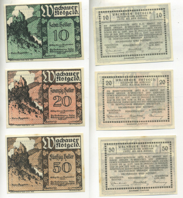 АВСТРИЯ, ВАЧАУ НАБОР ИЗ 3 БАНКНОТ 1920 30 СЕНТЯБРЯ 1920, НОТГЕЛЬД, 10, 20, 50 ГЕЛЛЕРОВ, SPITZ A/D DONAU, ВТОРОЙ ВЫПУСК, ЗАМОК KUINE AGGSTEIN бумага aUNC 70-21-4