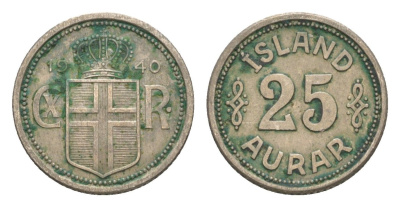 Исландия 25 эйре 1940 KM 2 медно-никель 4632-943