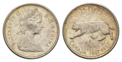 Канада 25 центов 1967 пума, 100 лет Конфедерации Канада, Ссеребро 0.800, вес 5,83 гр, диаметр 23,88 мм KM 67 серебро 4622-915